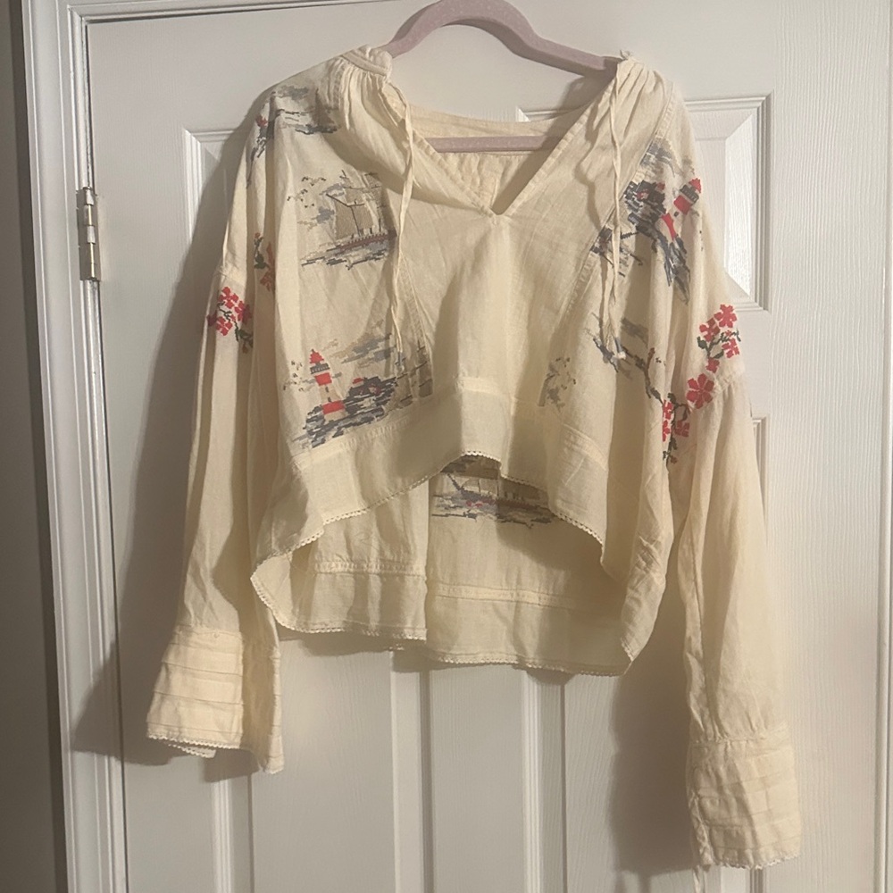 Free People Cream Hooded Cropped Peasant Top with Floral and Nautical Prints